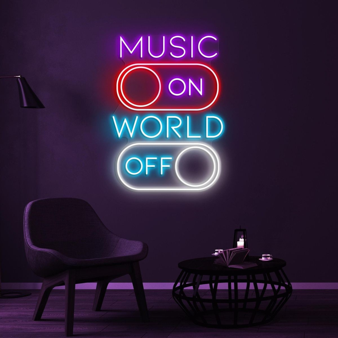 Music On World Off neon sign glowing at a house party – Neon.Outshine