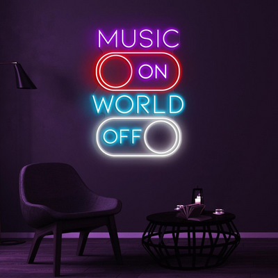 Music On World Off neon sign glowing at a house party – Neon.Outshine