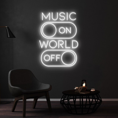 Music On World Off neon sign glowing at a house party – Neon.Outshine