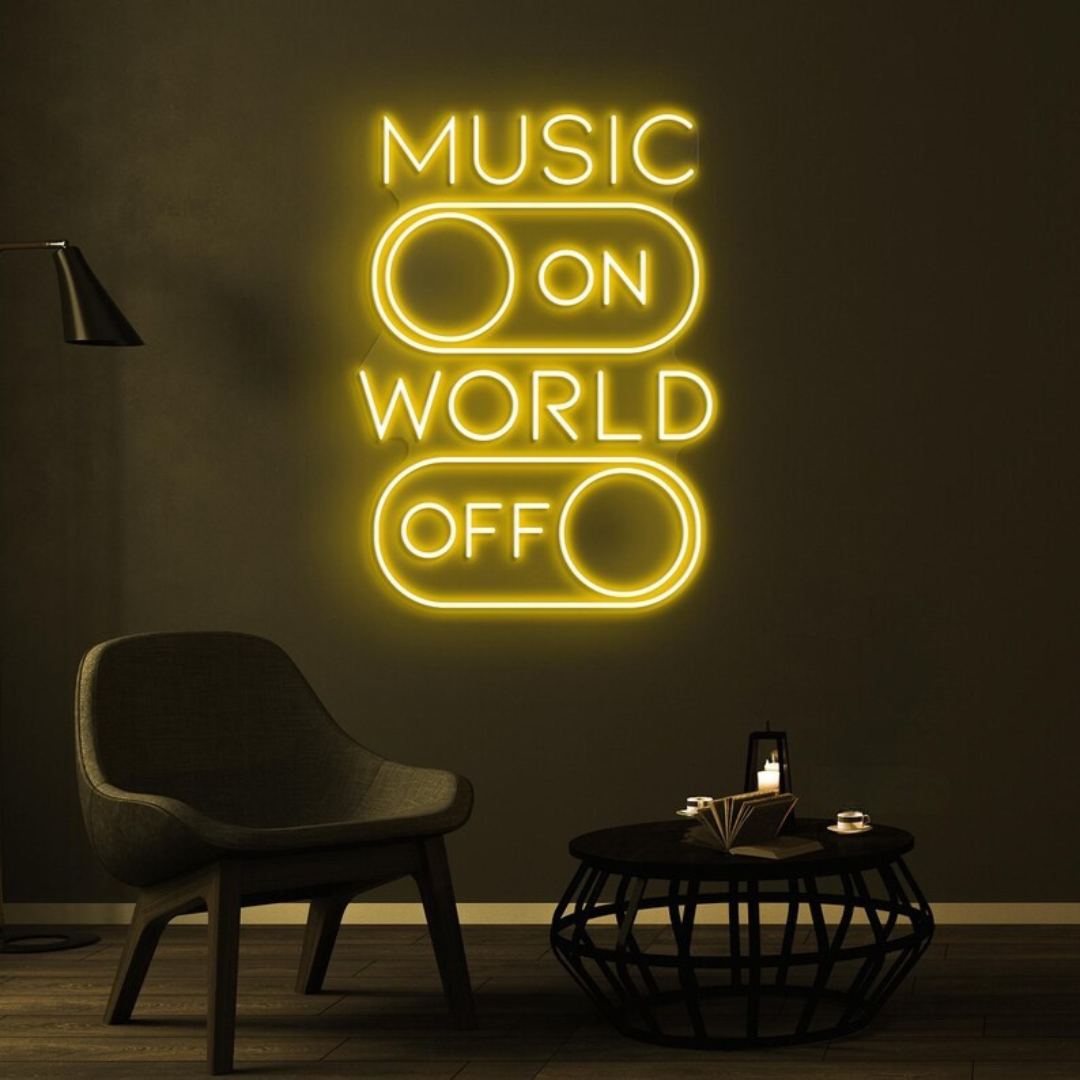 Music On World Off neon sign glowing at a house party – Neon.Outshine