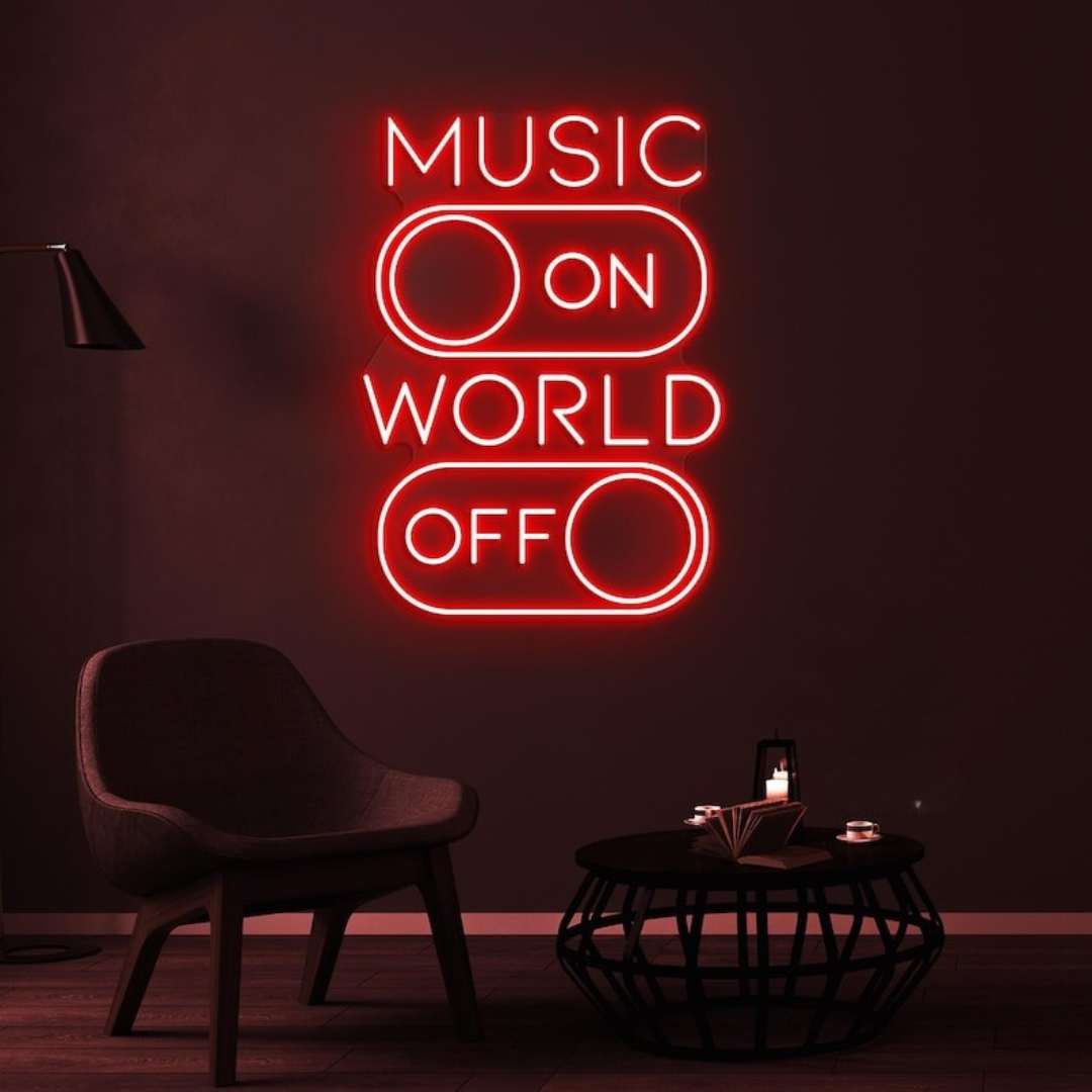 Music On World Off neon sign glowing at a house party – Neon.Outshine