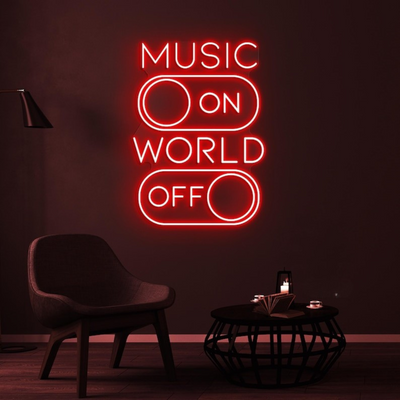 Music On World Off neon sign glowing at a house party – Neon.Outshine