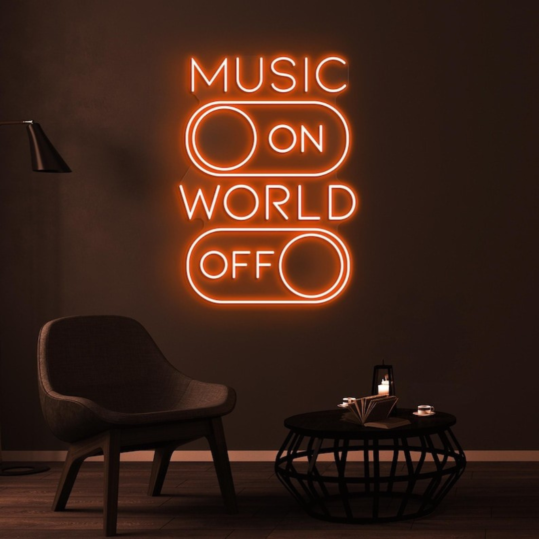 Music On World Off neon sign glowing at a house party – Neon.Outshine