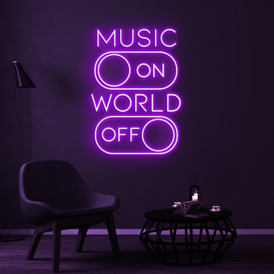 Music On World Off neon sign glowing at a house party – Neon.Outshine