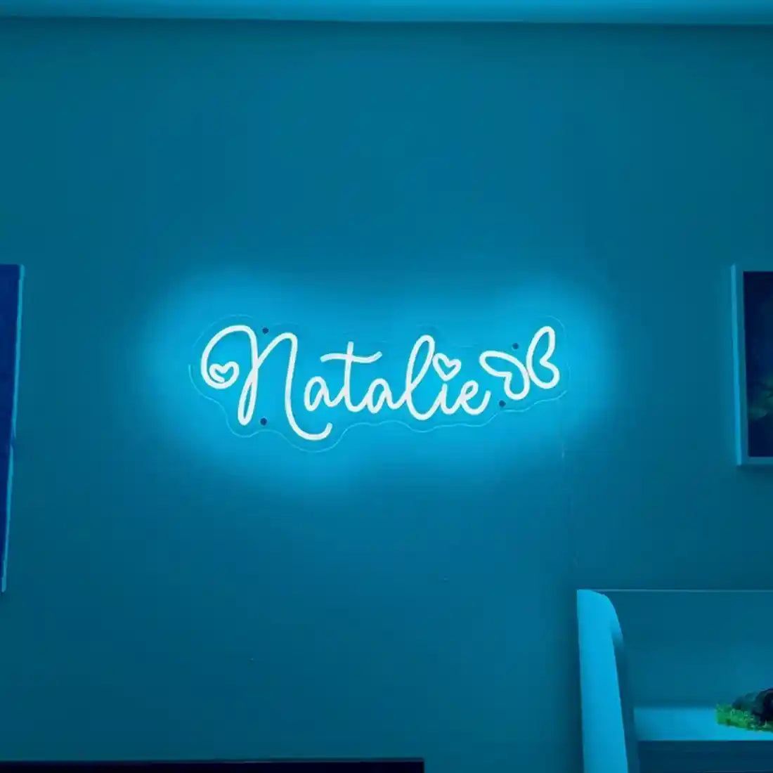 Personalized 'Natalia' name neon sign in lavender, mounted on clear acrylic – Neon.Outshine