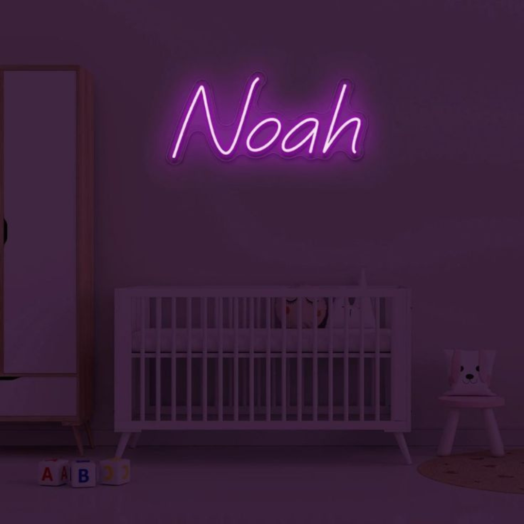 LED neon light with the name ‘Noah’ by Neon.Outshine on bedroom wall