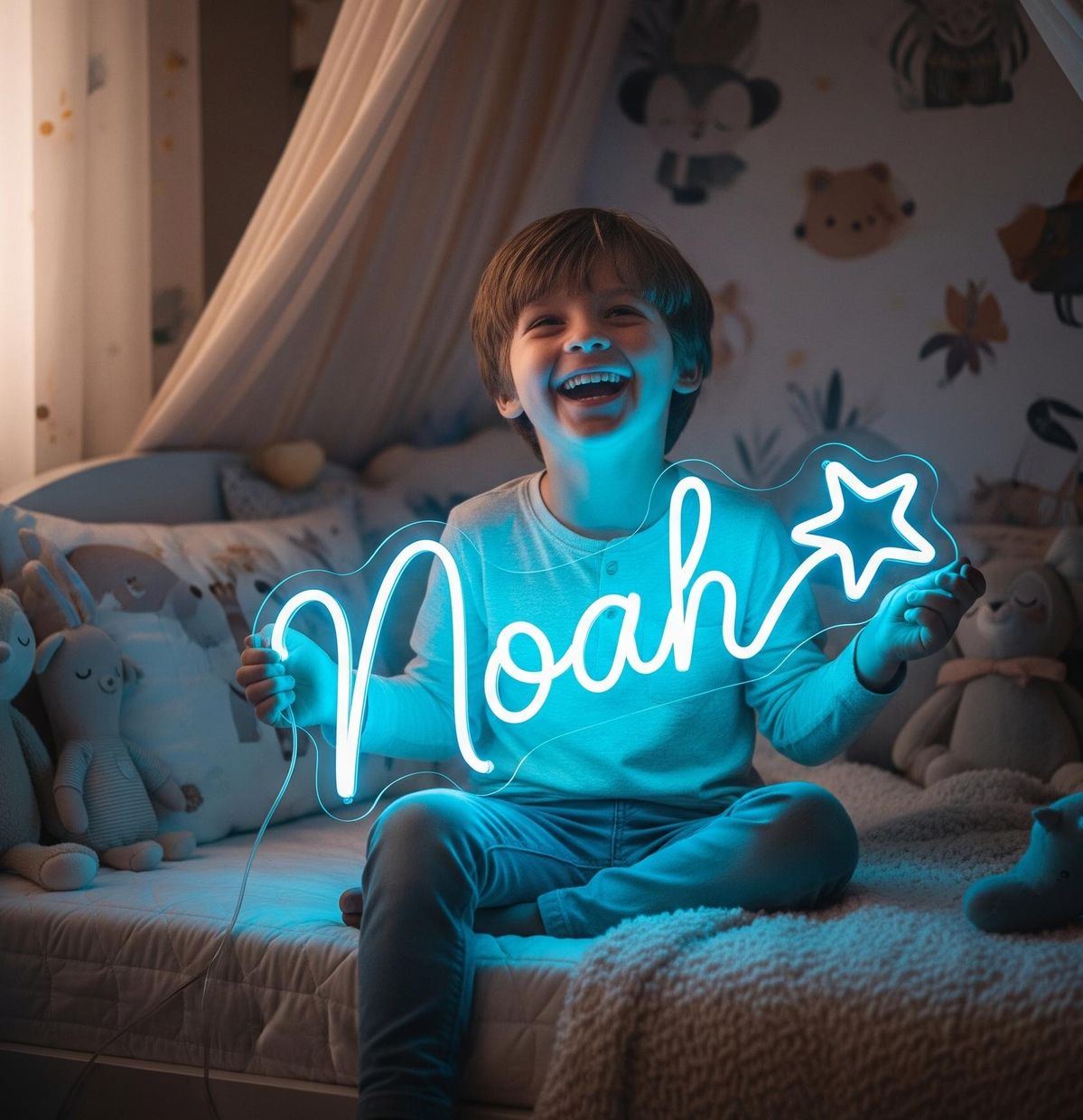 LED neon light with the name ‘Noah’ by Neon.Outshine on bedroom wall