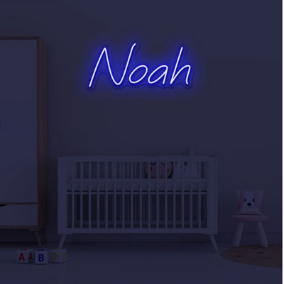 LED neon light with the name ‘Noah’ by Neon.Outshine on bedroom wall