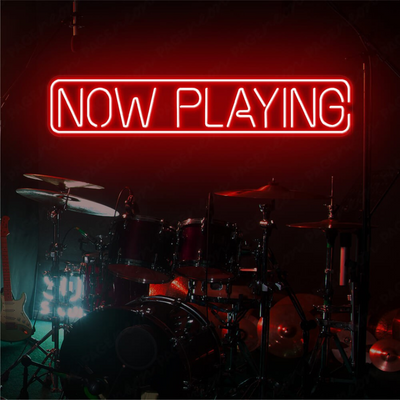 Now Playing Neon sign glowing in LED light, mounted on clear acrylic – music and party wall decor by Neon.Outshine. 