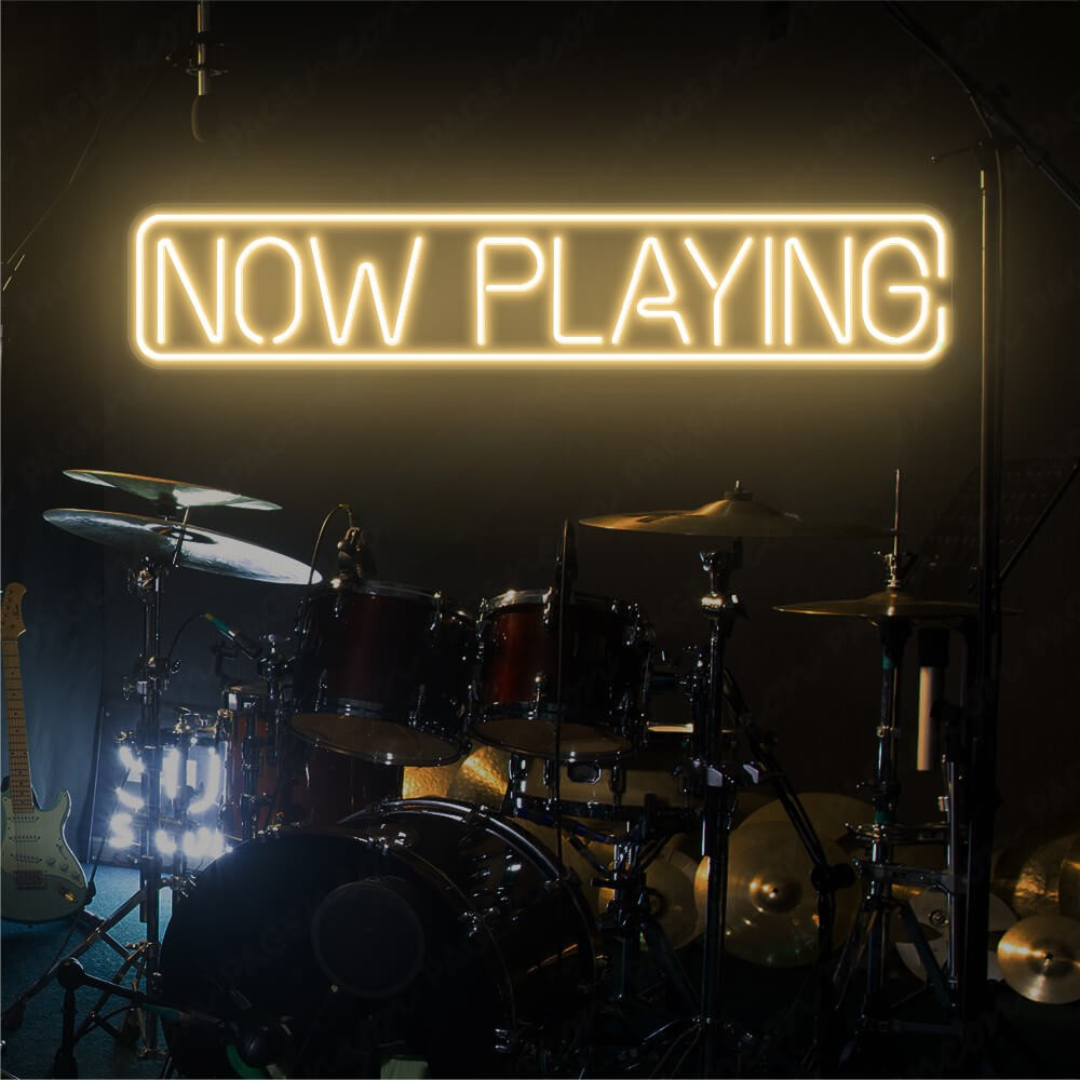 Now Playing Neon sign glowing in LED light, mounted on clear acrylic – music and party wall decor by Neon.Outshine. 