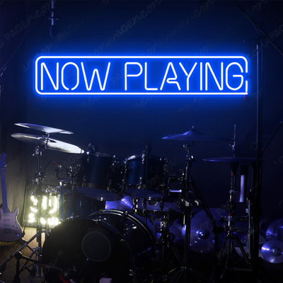 Now Playing Neon sign glowing in LED light, mounted on clear acrylic – music and party wall decor by Neon.Outshine. 
