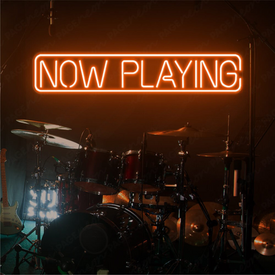 Now Playing Neon sign glowing in LED light, mounted on clear acrylic – music and party wall decor by Neon.Outshine