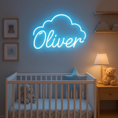  Oliver Name Neon sign by Neon.Outshine. - in vibrant glowing letters, mounted on a clear acrylic sheet and illuminating a cozy modern interior.