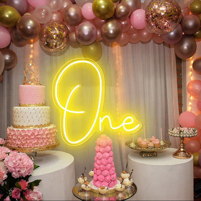 One Neon sign glowing in LED light, mounted on clear acrylic – milestone celebration decor by Neon.Outshine