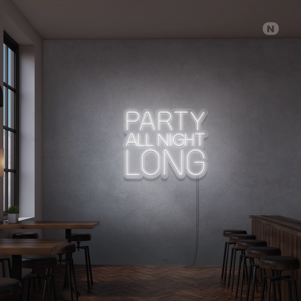 “Party All Night Long LED neon sign glowing brightly on a wall in a vibrant party setting by Neon.Outshine 