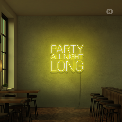 “Party All Night Long LED neon sign glowing brightly on a wall in a vibrant party setting by Neon.Outshine 