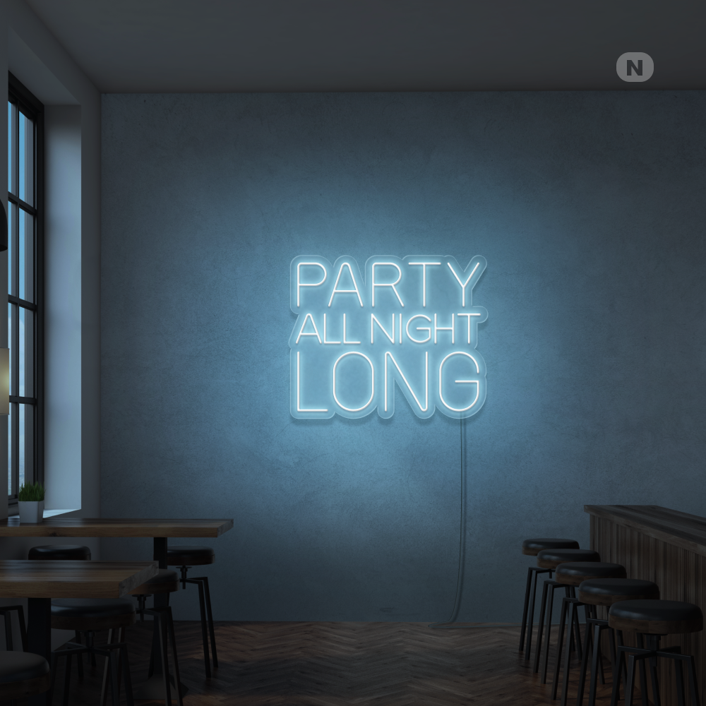 Party All Night Long LED Neon sign glowing brightly on a wall in a vibrant party setting by Neon.Outshine 