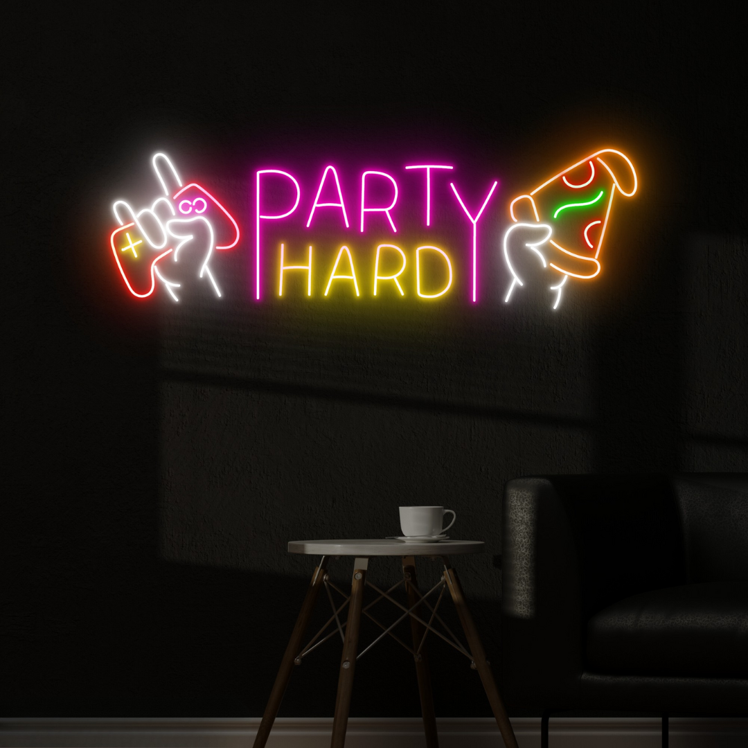 Party Hard Neon sign glowing in LED lights, mounted on clear acrylic – high-energy event decor by Neon.Outshine.