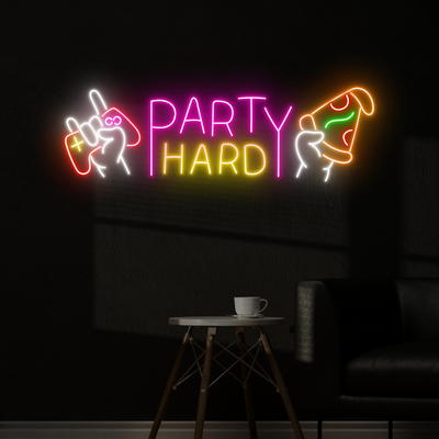 Party Hard Neon sign glowing in LED lights, mounted on clear acrylic – high-energy event decor by Neon.Outshine.