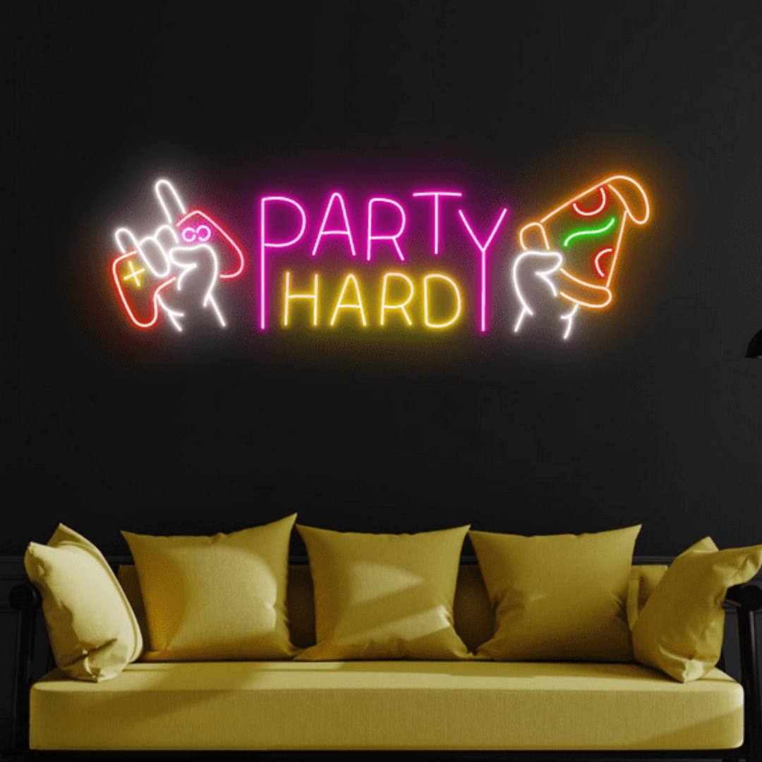 Party Hard Neon sign glowing in LED lights, mounted on clear acrylic – high-energy event decor by Neon.Outshine.