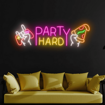 Party Hard Neon sign glowing in LED lights, mounted on clear acrylic – high-energy event decor by Neon.Outshine.