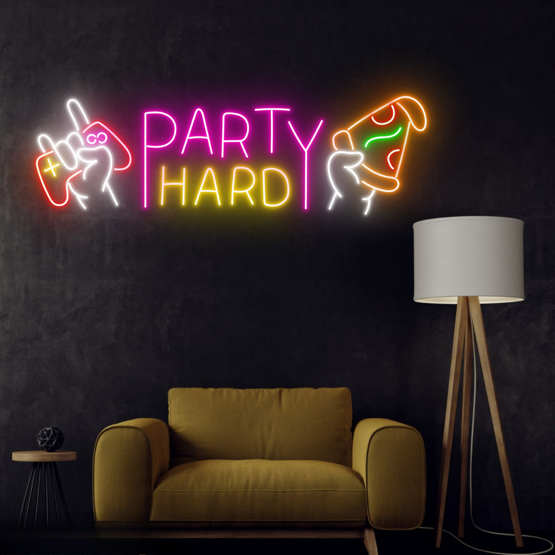 Party Hard Neon sign glowing in LED lights, mounted on clear acrylic – high-energy event decor by Neon.Outshine.