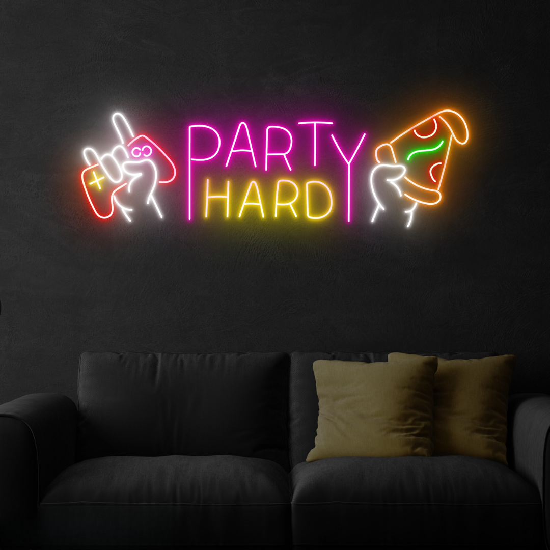 Party Hard Neon sign glowing in LED lights, mounted on clear acrylic – high-energy event decor by Neon.Outshine.
