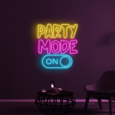 Party Mode LED Neon Sign by Neon.Outshine.  glowing in vibrant colors on a  wall