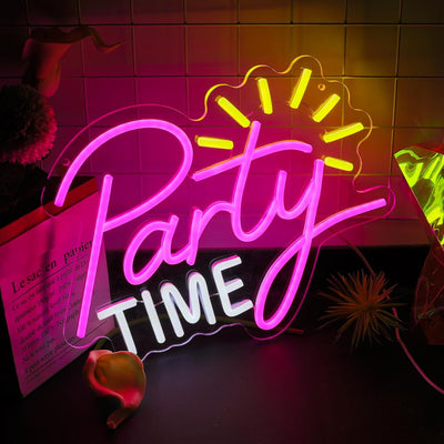 Party Time” neon sign glowing in bright LED lights, mounted on a clear acrylic panel - festive wall decor for events by Neon.Outshine.