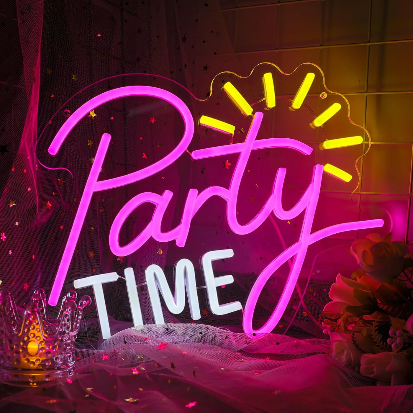 Party Time” neon sign glowing in bright LED lights, mounted on a clear acrylic panel - festive wall decor for events by Neon.Outshine