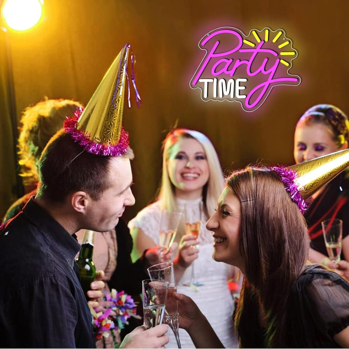 Party Time” neon sign glowing in bright LED lights, mounted on a clear acrylic panel - festive wall decor for events by Neon.Outshine