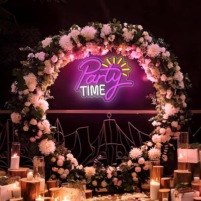 Party Time” neon sign glowing in bright LED lights, mounted on a clear acrylic panel - festive wall decor for events by Neon.Outshine