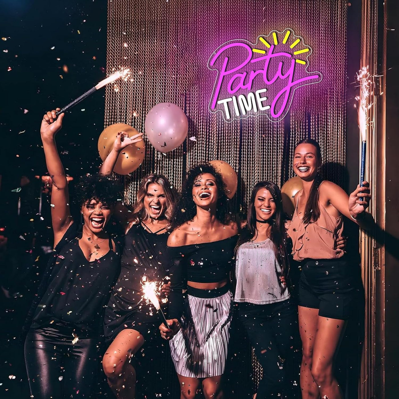 Party Time” neon sign glowing in bright LED lights, mounted on a clear acrylic panel - festive wall decor for events by Neon.Outshine