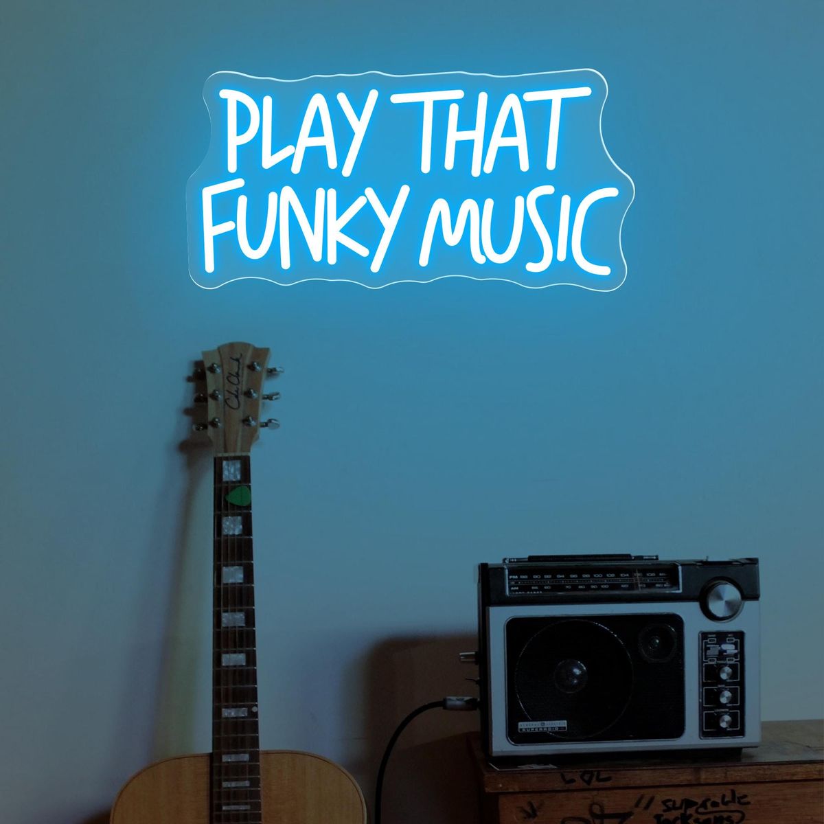 Play That Funky Music LED neon sign glowing in vibrant colors by Neon.Outshine 