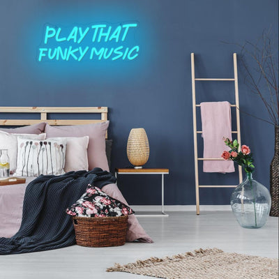 Play That Funky Music LED neon sign glowing in vibrant colors by Neon.Outshine 
