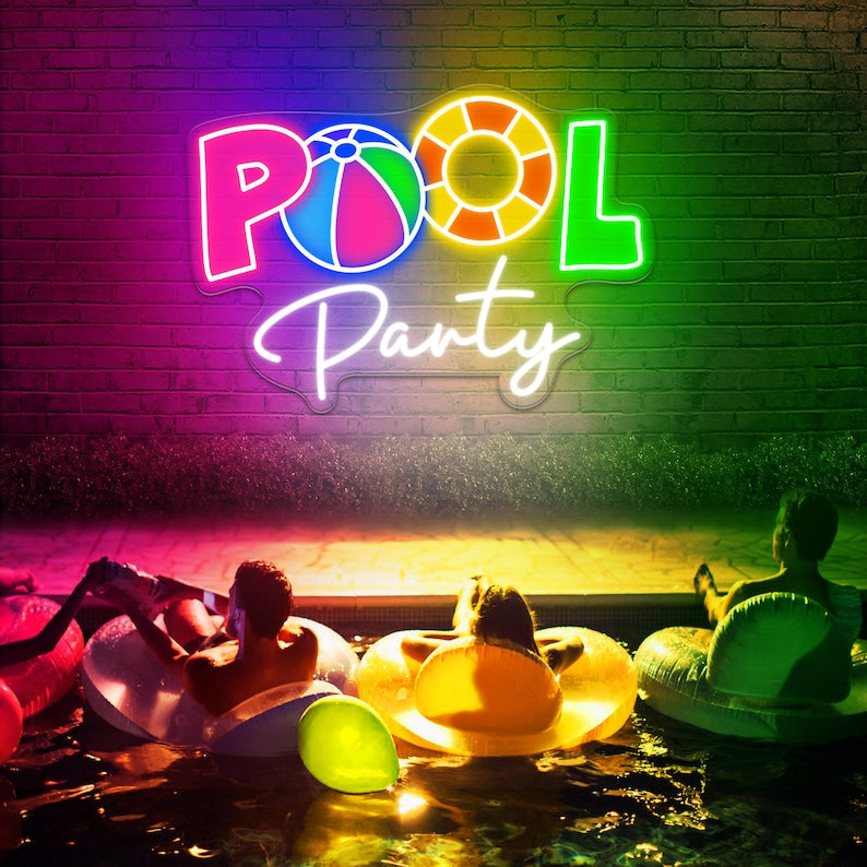 Pool Party Neon Sign by Neon.Outshine glowing in flowing lettering perfect for summer events.