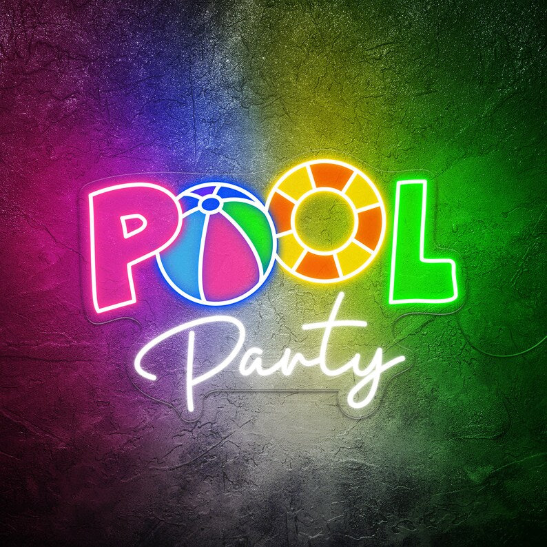 Pool Party Neon Sign by Neon.Outshine glowing in flowing lettering perfect for summer events.