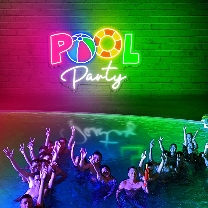 Pool Party Neon Sign by Neon.Outshine glowing in flowing lettering perfect for summer events.