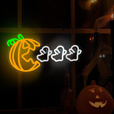 Pumpkin Eat Ghost Halloween Neon Sign by Neon.Outshine glowing LED orange pumpkin with white ghost festive wall décor for parties, bars, and Halloween displays.