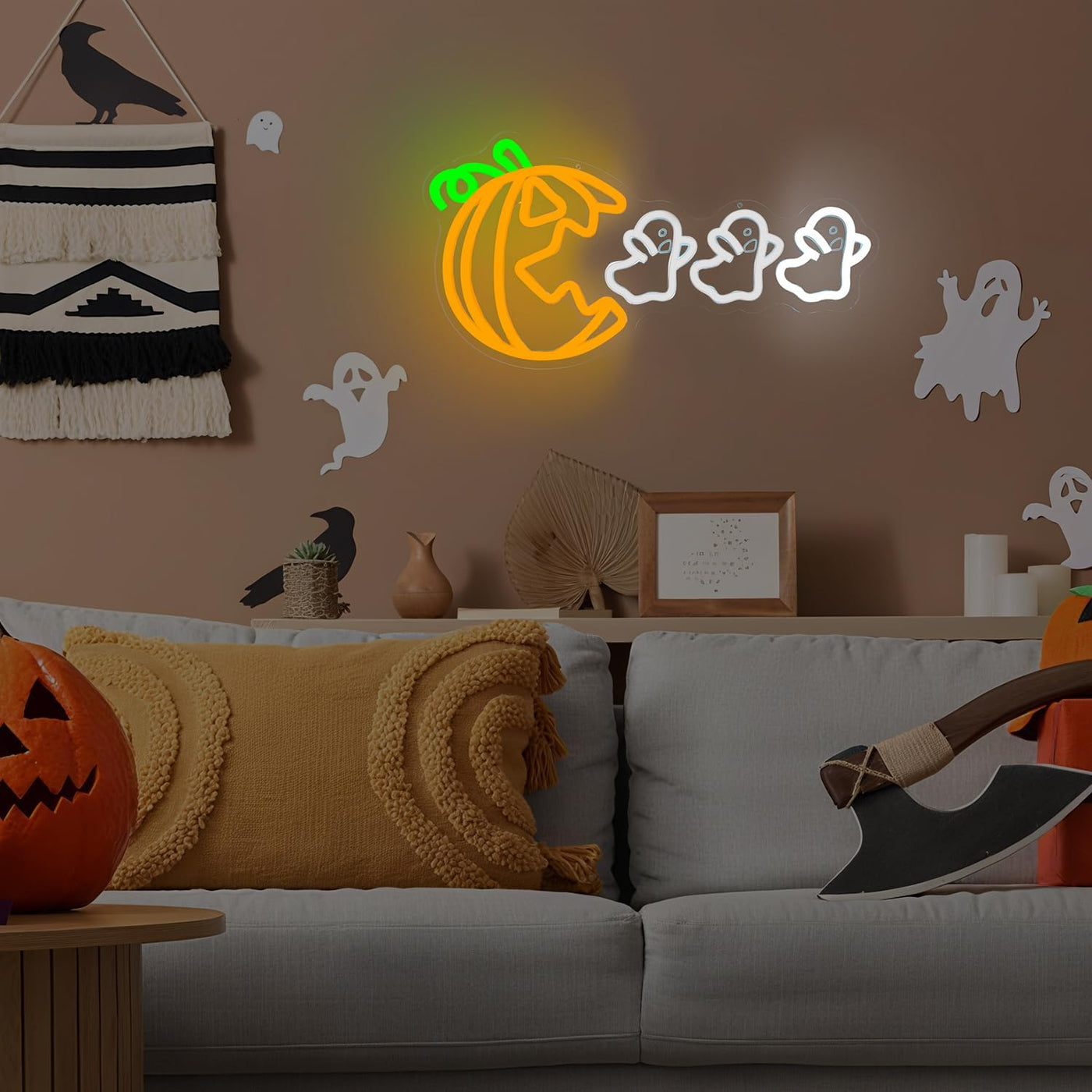 Pumpkin Eat Ghost Halloween Neon Sign by Neon.Outshine glowing LED orange pumpkin with white ghost festive wall décor for parties, bars, and Halloween displays.