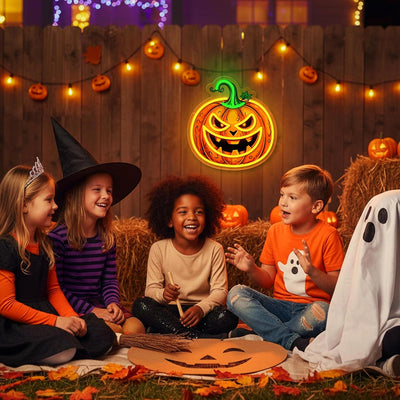 Pumpkin Halloween LED Neon Sign by Neon.Outshine – glowing orange jack-o'-lantern neon light decoration