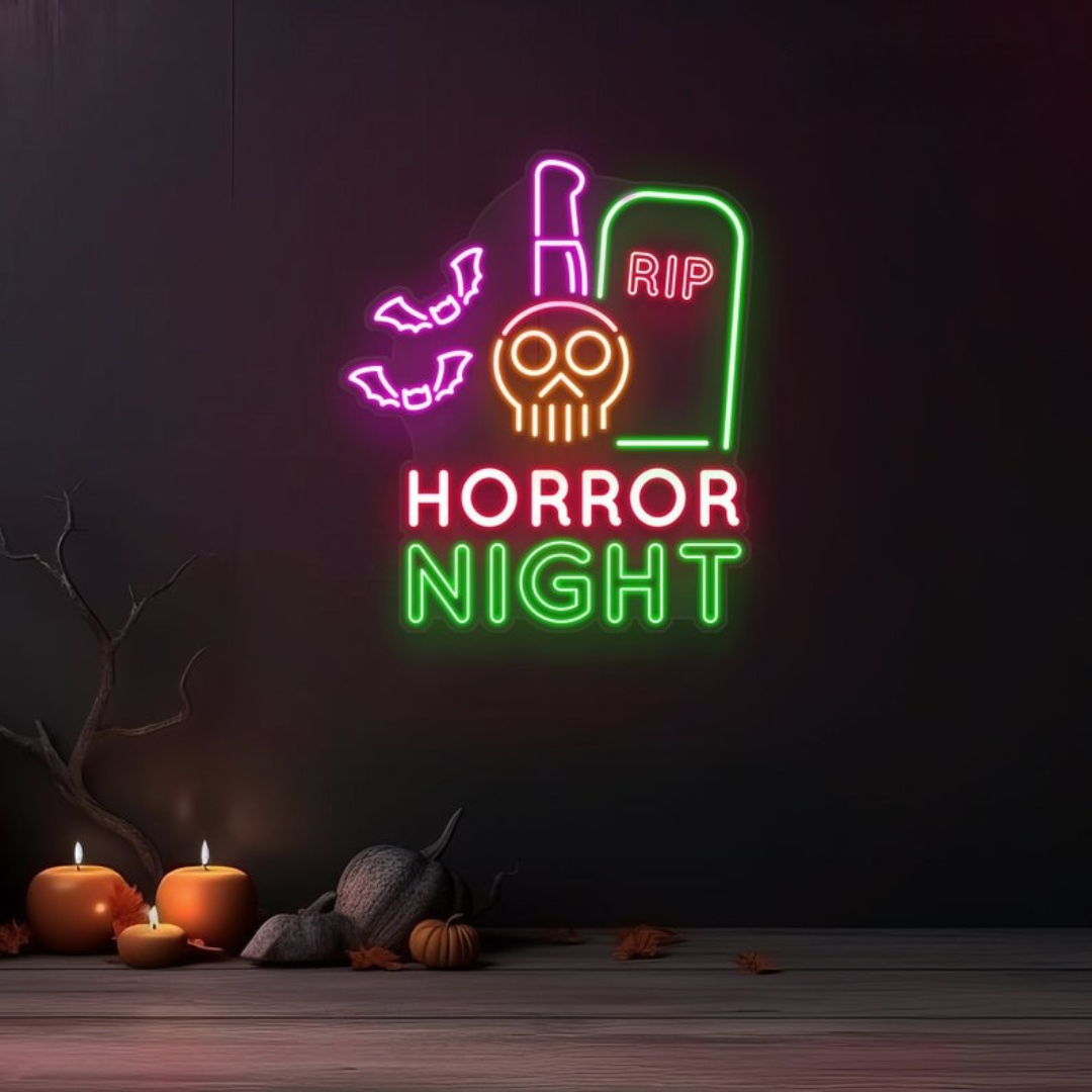 RIP Horror Night Neon sign in creepy font by Neon.outshine, ideal for haunted or horror-themed decor.