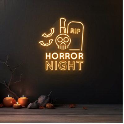 RIP Horror Night Neon sign in creepy font by Neon.outshine, ideal for haunted or horror-themed decor.