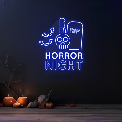 RIP Horror Night Neon sign in creepy font by Neon.outshine, ideal for haunted or horror-themed decor.
