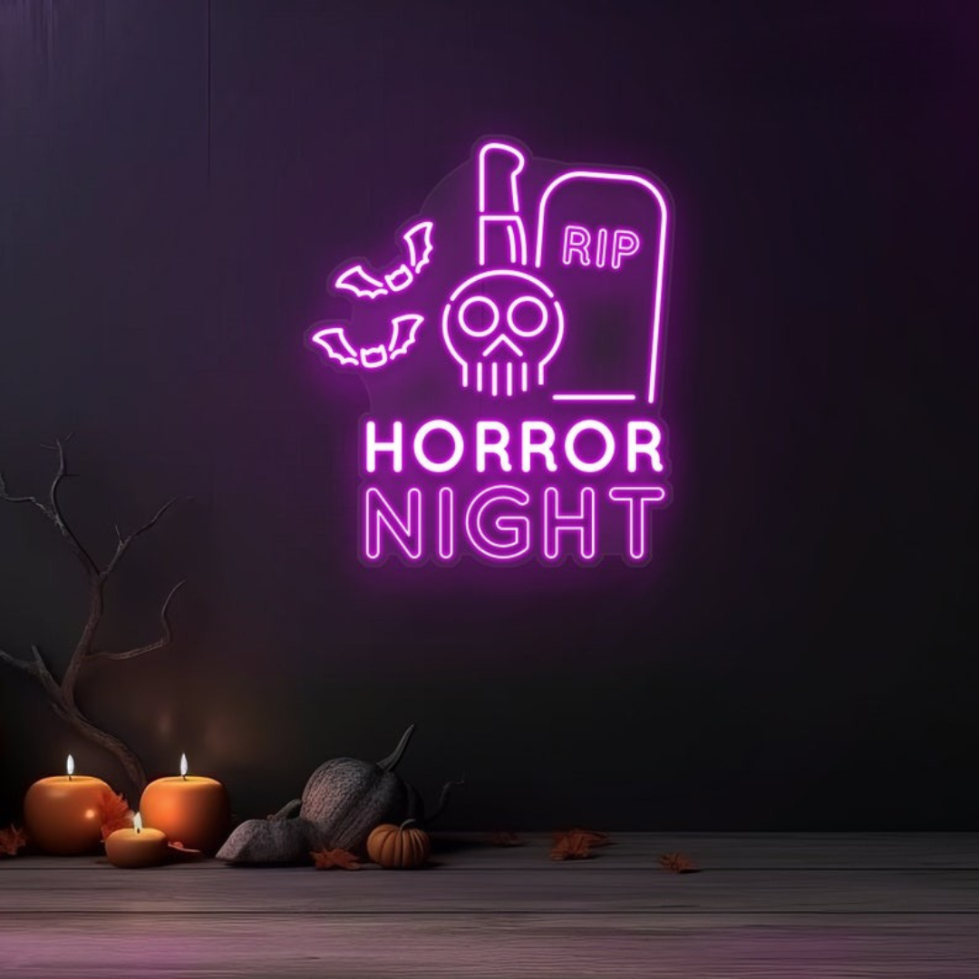 RIP Horror Night Neon sign in creepy font by Neon.outshine, ideal for haunted or horror-themed decor.