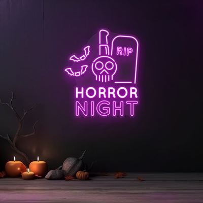 RIP Horror Night Neon sign in creepy font by Neon.outshine, ideal for haunted or horror-themed decor.