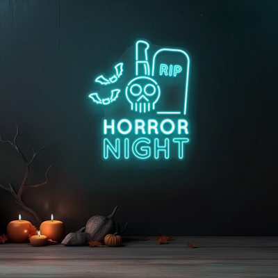 RIP Horror Night Neon sign in creepy font by Neon.outshine, ideal for haunted or horror-themed decor.