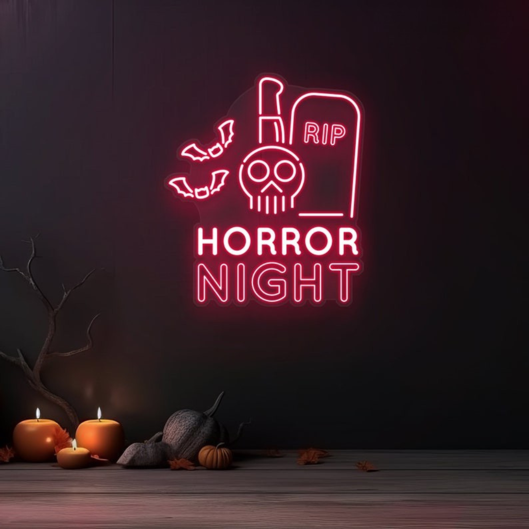 RIP Horror Night Neon sign in creepy font by Neon.outshine, ideal for haunted or horror-themed decor.