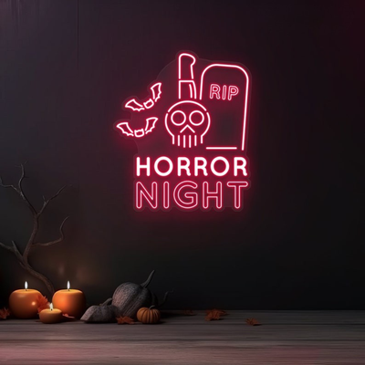 RIP Horror Night Neon sign in creepy font by Neon.outshine, ideal for haunted or horror-themed decor.