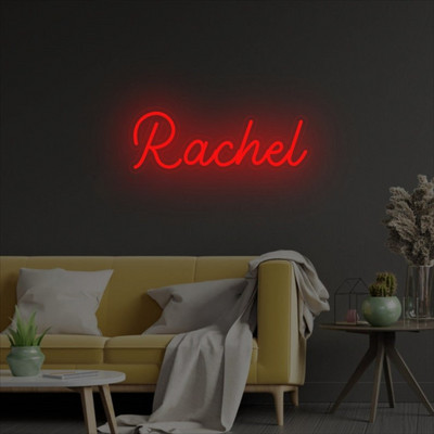 Rachel Name Neon sign in glowing purple script font, mounted on clear acrylic, perfect for modern room or event decor - Neon.Outshine 
